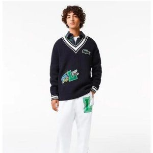 New Lacoste Comic Badge Striped V Neck 💯 Wool Sweater Mens XL Navy